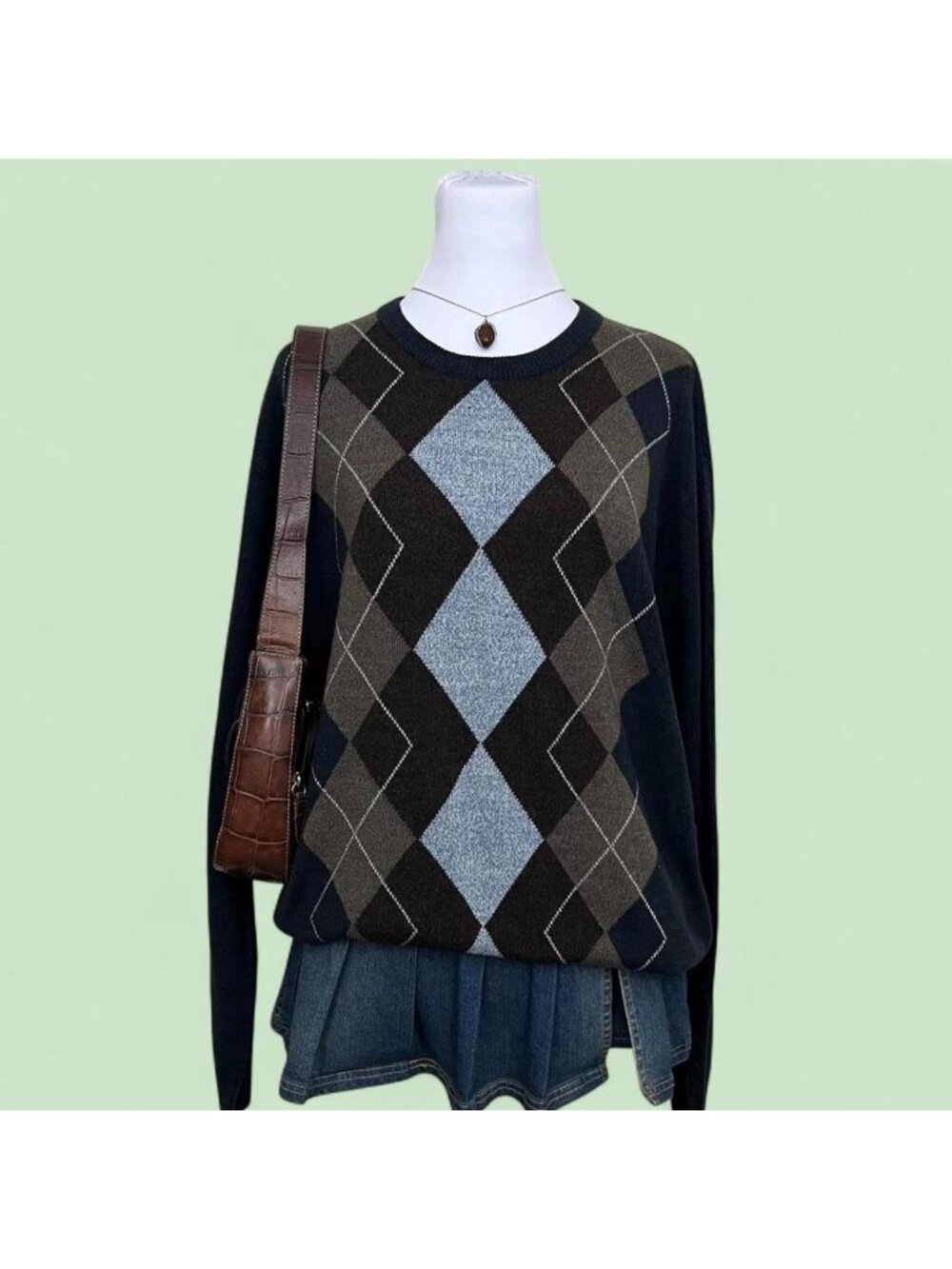 blue brown argyle preppy academia light weight sweater